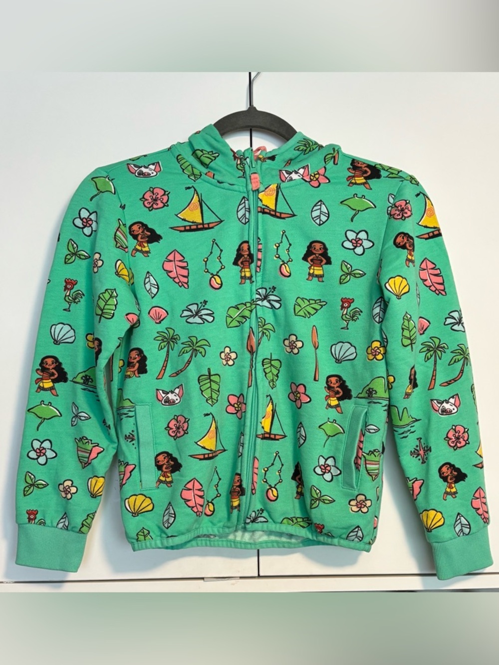 Disney Moana Zip Up Hoodie Sweatshirt Green Girls 9/10 Hooded Character Jacket